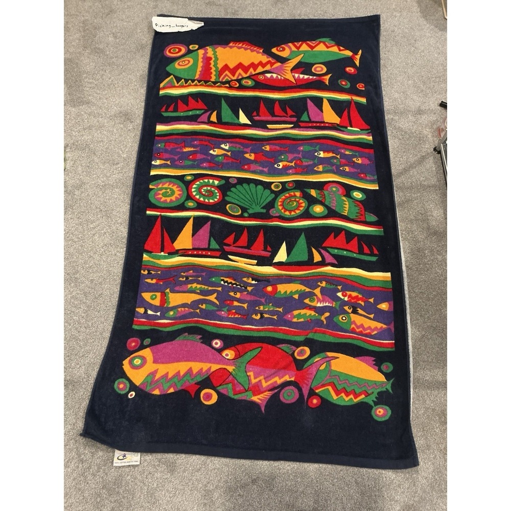 Vintage‎ Beach Towel Featuring A Colorful Tropical Fish and Sailboat Design